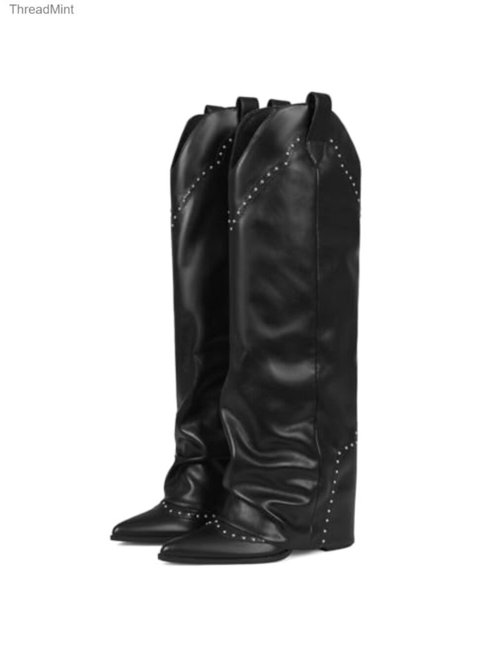 Women's Knee High Cowboy Boots Fold Over Studded Snip Toe Faux Leather Block